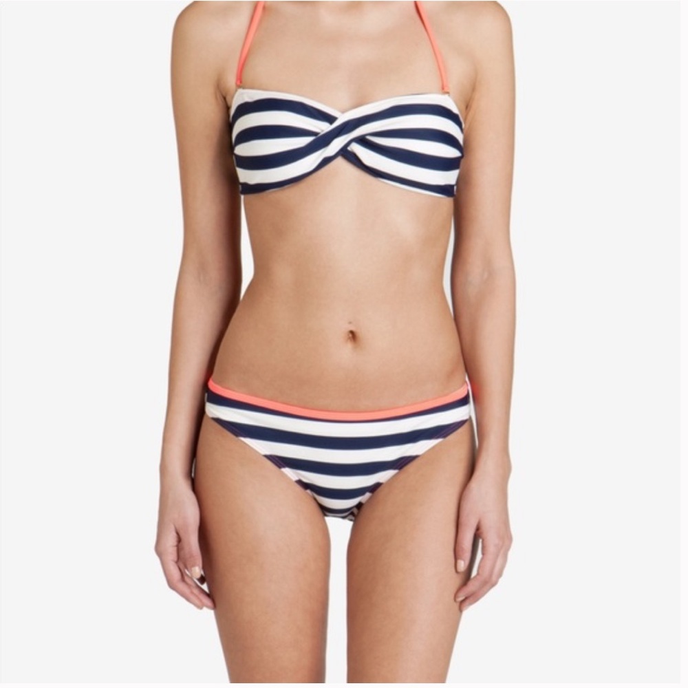 Ted Baker London Navy and White Striped Bandeau Bikini with Coral Trim